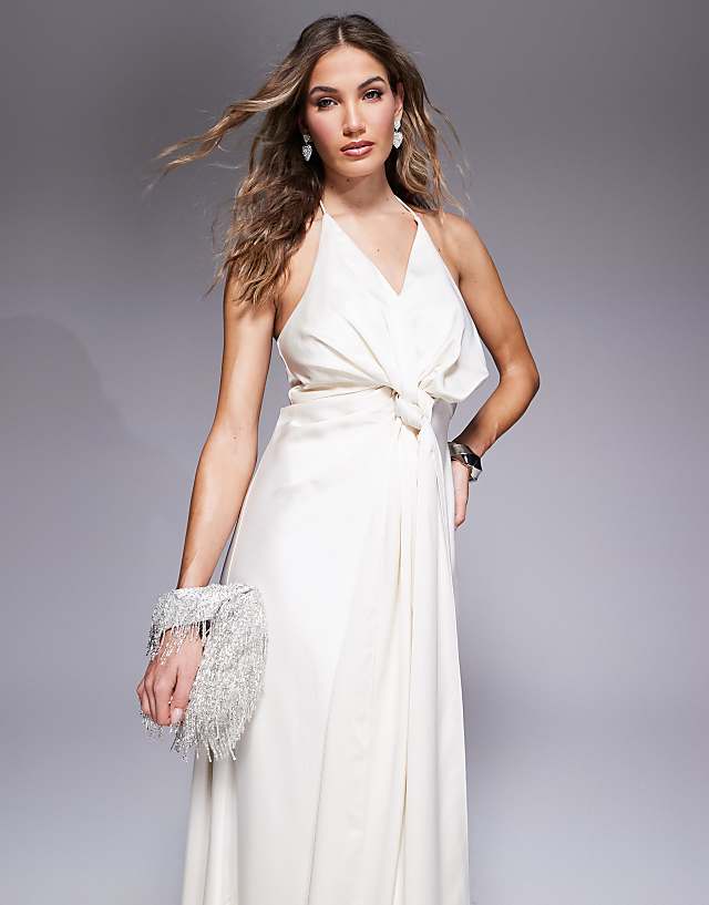 Asos Jarlo Halter Neck Drape Satin Maxi Gown In Ivory