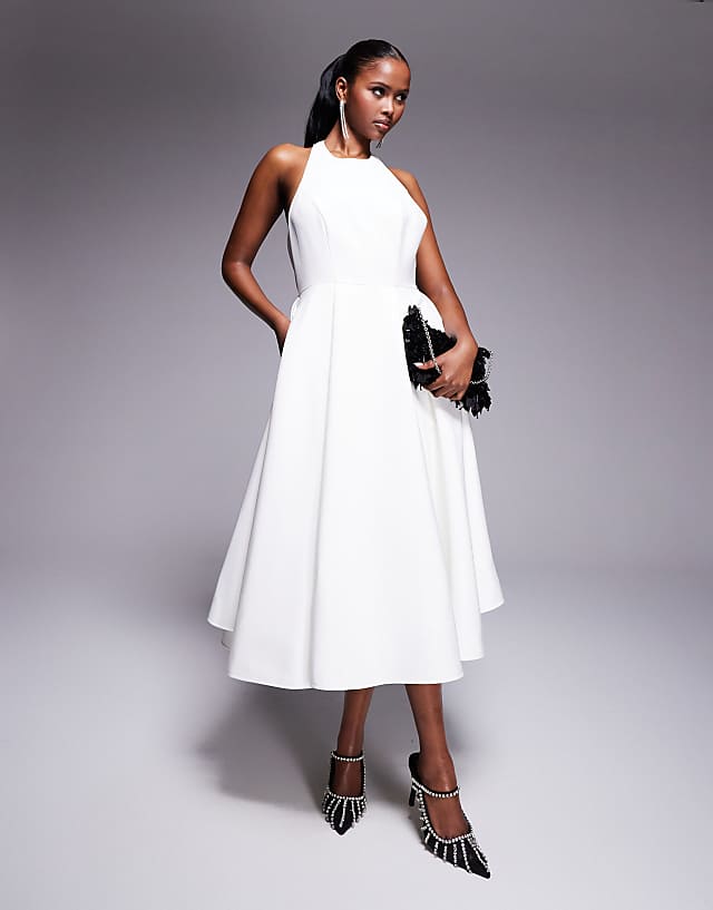 asos Jarlo high neck structured a-line midi dress in ivory
