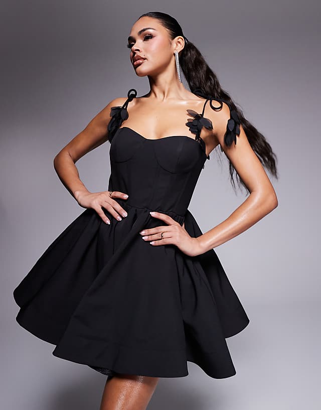 asos Jarlo structured a-line mini dress with 3d strap detail in black