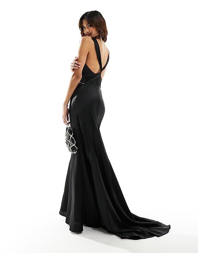 asos Jarlo v back satin maxi dress with fishtail in black