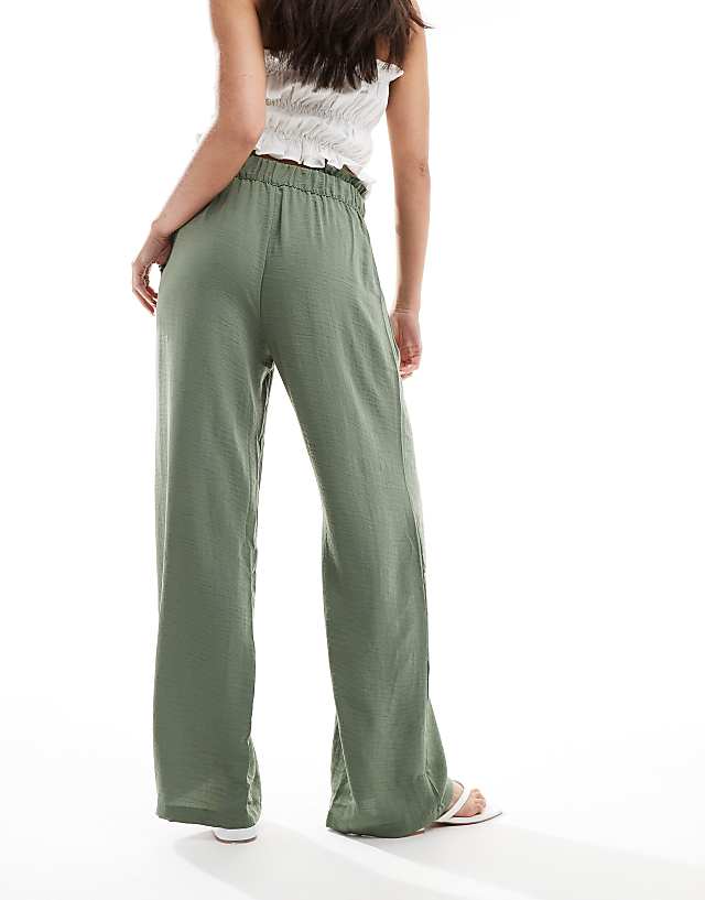 Asos JDY Paperbag Waist Wide Leg Linen Trousers In Khaki