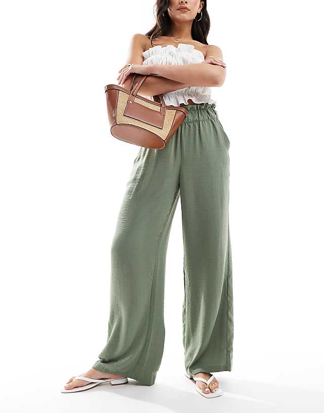 Asos JDY Paperbag Waist Wide Leg Linen Trousers In Khaki