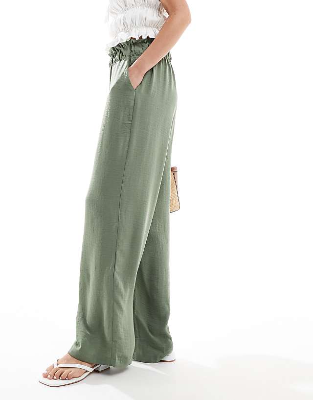 asos JDY paperbag waist wide leg linen trousers in khaki