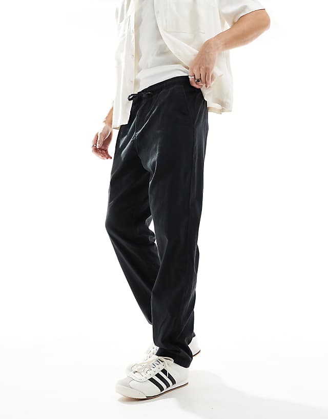 Asos JJ Rebel Drawstring Linen Mix Trouser In Black