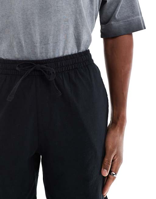 Asos JJ Rebel Linen Short With Drawstring Waist In Black