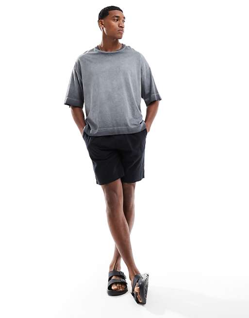 asos JJ Rebel linen short with drawstring waist in black