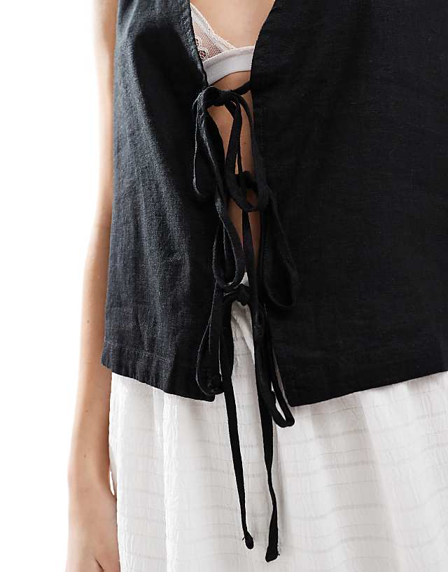 Asos JJXX Linen Blend Tie Up Waistcoat Top In Black