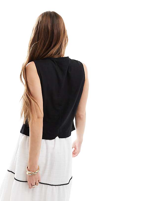 Asos JJXX Linen Blend Tie Up Waistcoat Top In Black