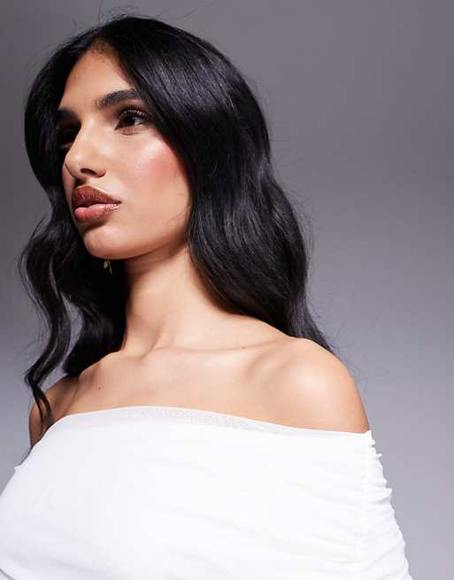 Asos Kaiia Exclusive Double Layered Slinky Bardot Foldover Waist Drape Detail Mini Dress In White