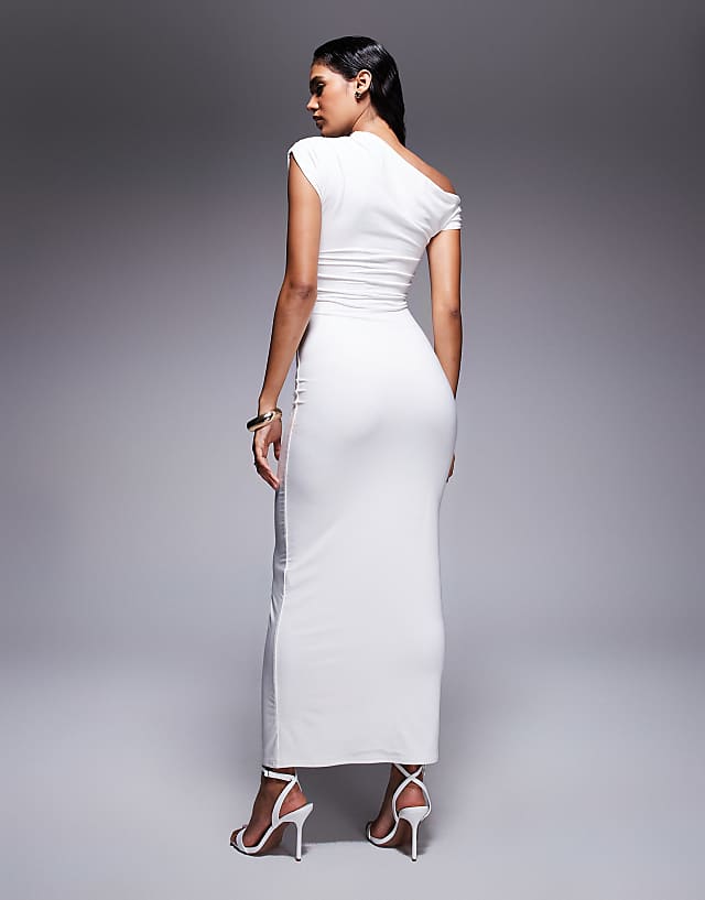 Asos Kaiia Exclusive Double Layered Slinky Drape Off Shoulder Bodycon Maxi Dress In White