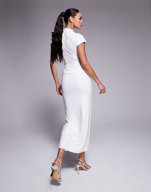 Asos Kaiia Exclusive Double Layered Slinky High Neck Cap Sleeve Bodycon Maxi Dress In Cream