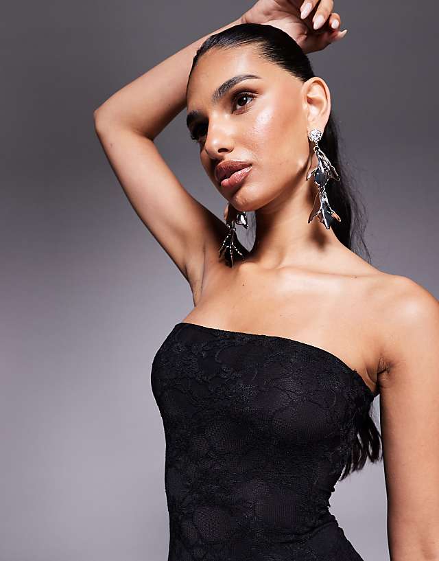 Asos Kaiia Exclusive Double Layered Slinky Lace Bandeau Ruffle Mini Dress In Black