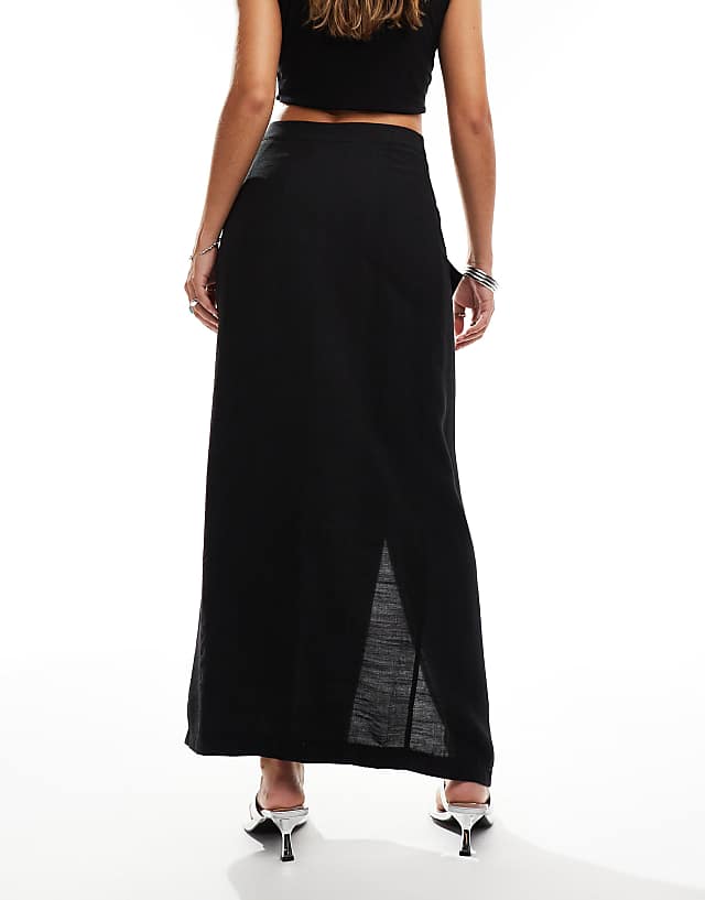 Asos Kaiia Exclusive Linen Look Buckle Detail Maxi Skirt In Black