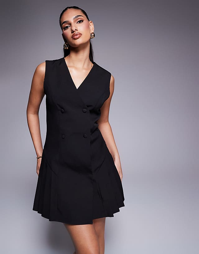 asos Kaiia exclusive tailored sleeveless button front pleat hem mini dress in black