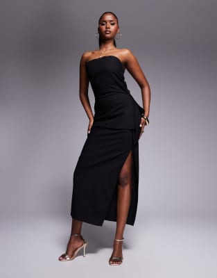 Asos Kaiia Linen Look Bandeau Side Tie Top And Midaxi Skirt Co-ord In Black