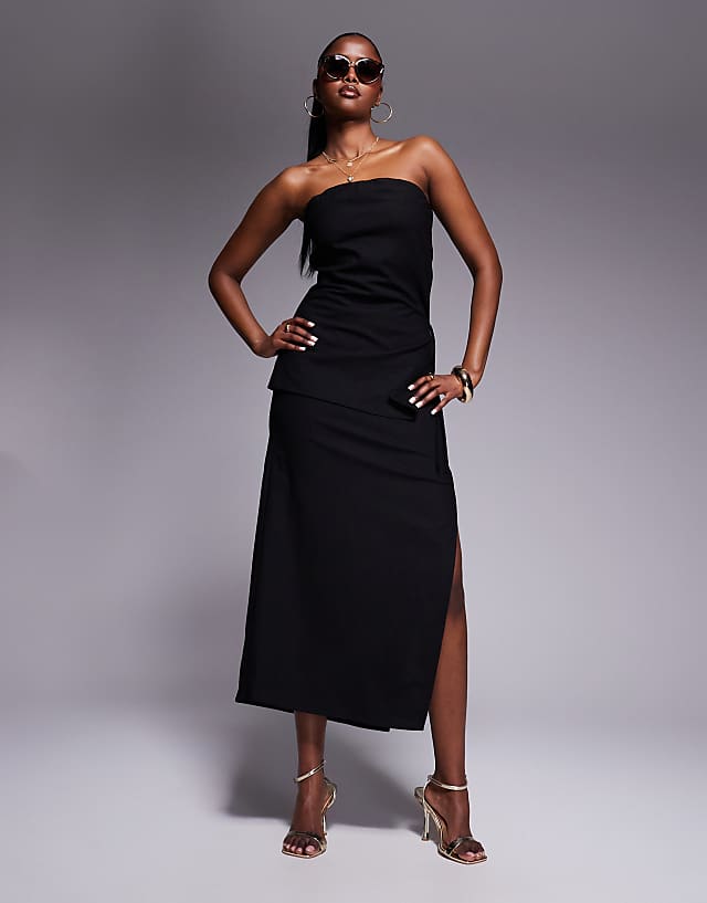 asos Kaiia linen look bandeau side tie top and midaxi skirt co-ord in black