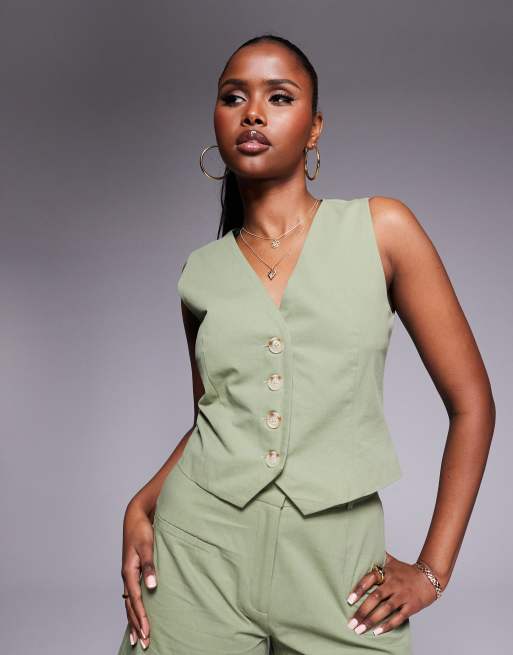 Asos Kaiia Linen Look Cotton Waistcoat And Shorts Co-ord In Sage