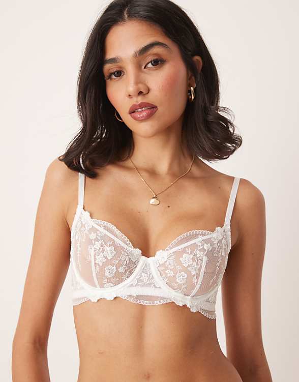 asos Kat The Label Sofia floral mesh underwired bra in white
