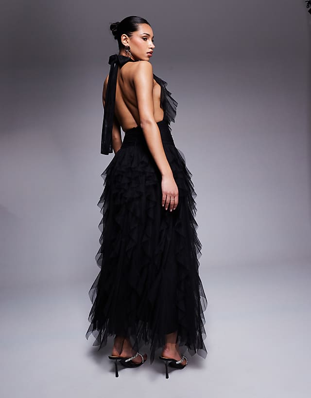 Asos Lace & Beads Backless Ruffle Tulle Maxi Dress In Black