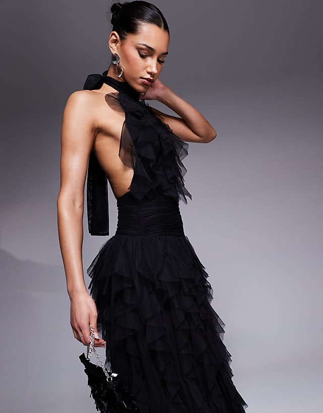 Asos Lace & Beads Backless Ruffle Tulle Maxi Dress In Black