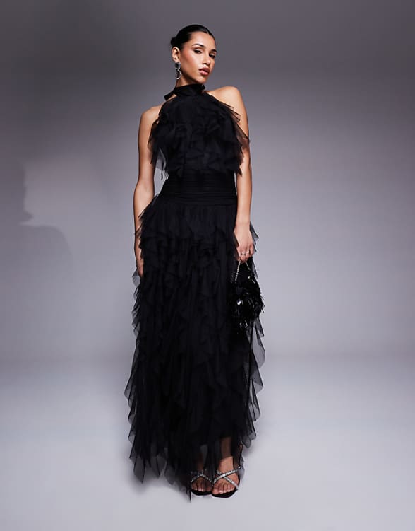 asos Lace & Beads backless ruffle tulle maxi dress in black