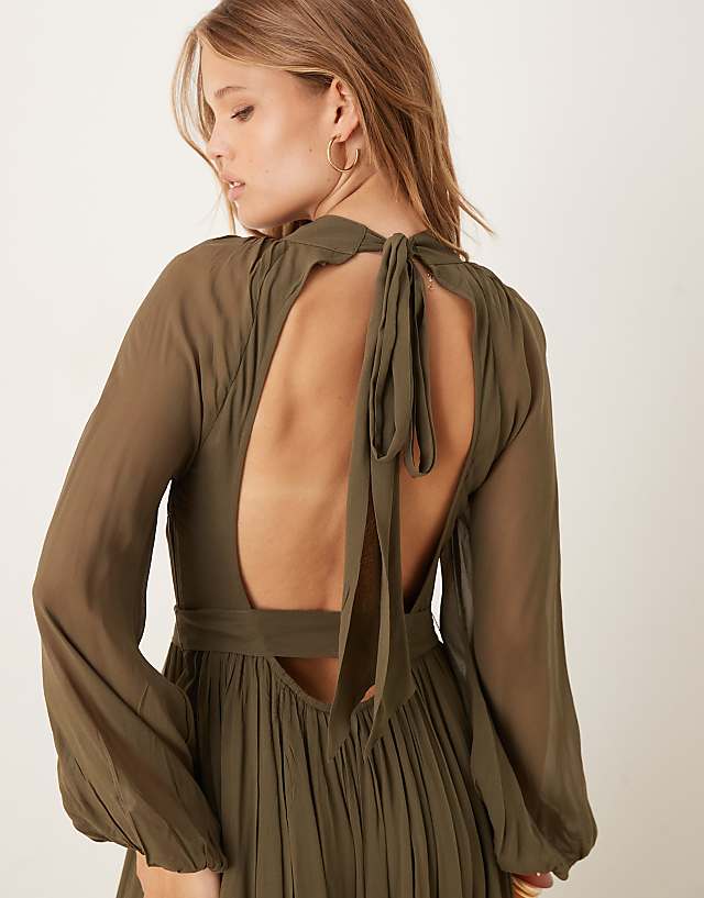 Asos Lace & Beads Balloon Sleeve Tiered Maxi Dress In Deep Olive