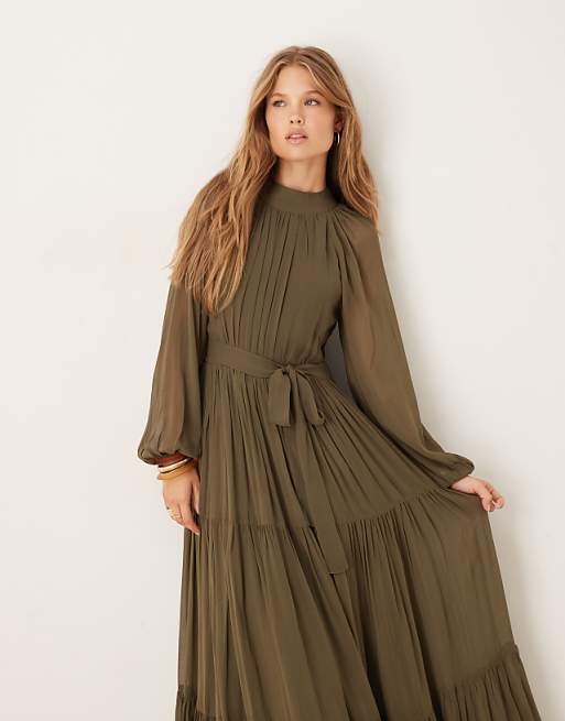 Asos Lace & Beads Balloon Sleeve Tiered Maxi Dress In Deep Olive