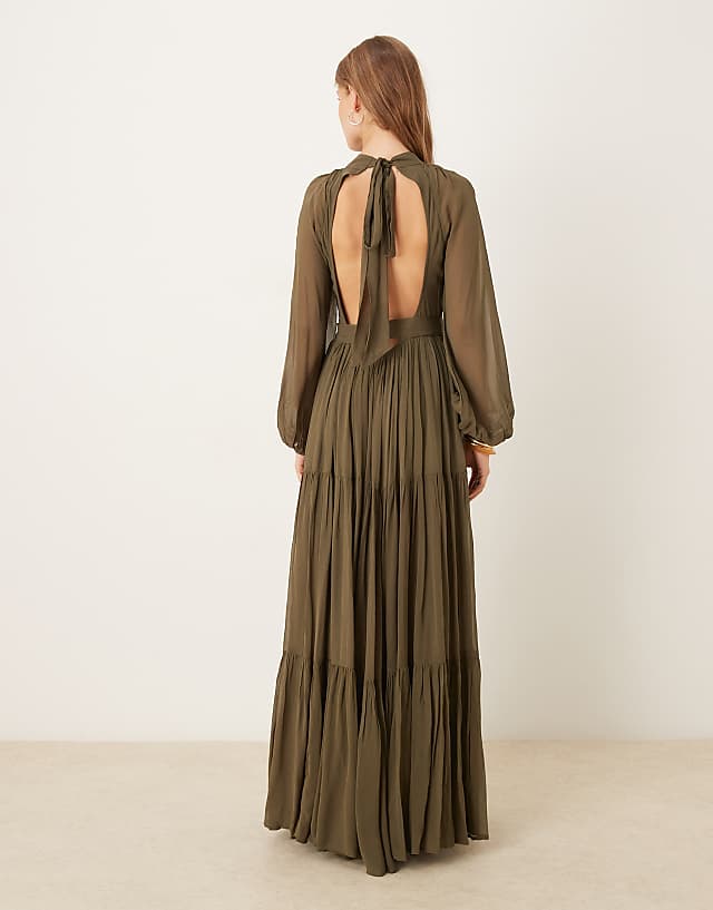 Asos Lace & Beads Balloon Sleeve Tiered Maxi Dress In Deep Olive