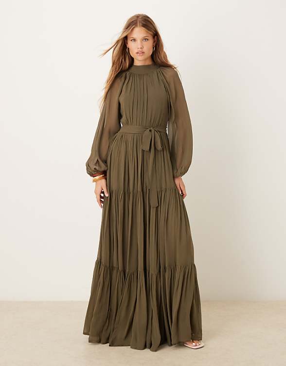 asos Lace & Beads balloon sleeve tiered maxi dress in deep olive