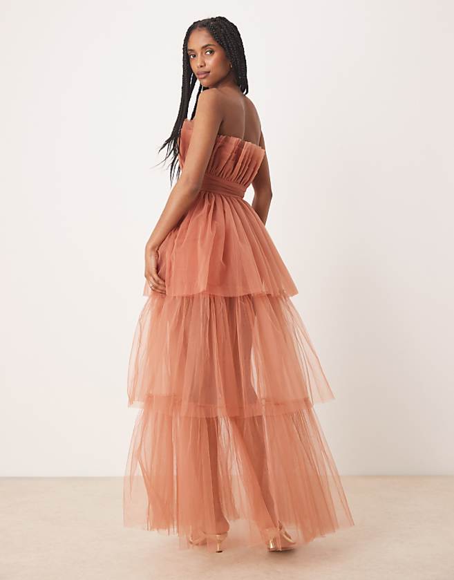 Asos Lace & Beads Bandeau High Low Maxi Dress In Terracotta Rose