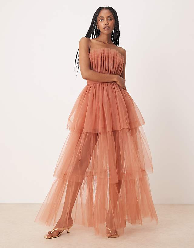 asos Lace & Beads bandeau high low maxi dress in terracotta rose
