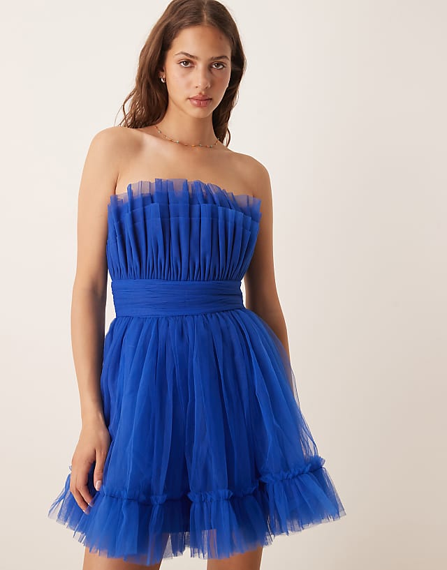 Asos Lace & Beads Bandeau Structured Tulle Mini Dress In Cobalt