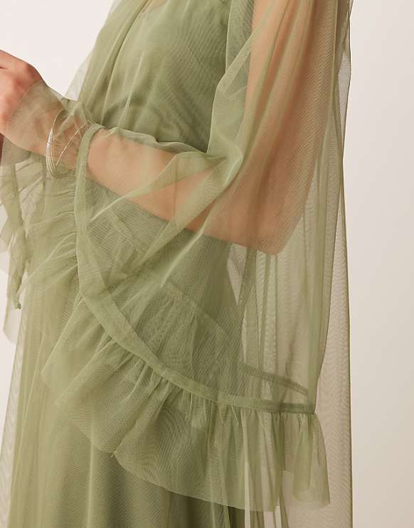 Asos Lace & Beads Boho Full Sleeve Maxi Dress In Soft Olive