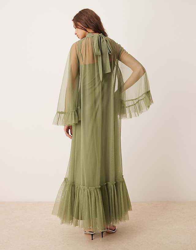 Asos Lace & Beads Boho Full Sleeve Maxi Dress In Soft Olive