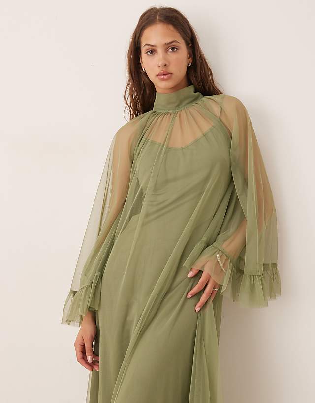 Asos Lace & Beads Boho Full Sleeve Maxi Dress In Soft Olive
