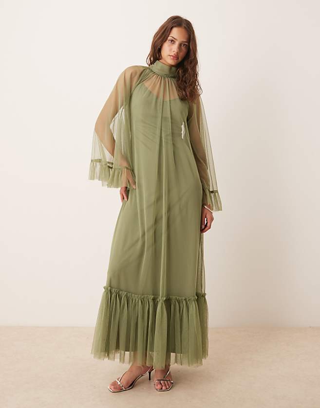 asos Lace & Beads boho full sleeve maxi dress in soft olive