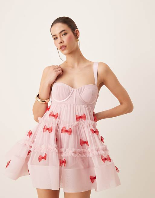 Asos Lace & Beads Bow Applique Babydoll Mini Dress In Pink And Red