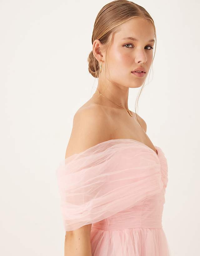 Asos Lace & Beads Bow Off Shoulder Tulle Maxi Dress In Baby Pink