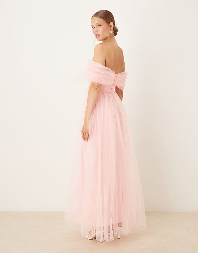 Asos Lace & Beads Bow Off Shoulder Tulle Maxi Dress In Baby Pink