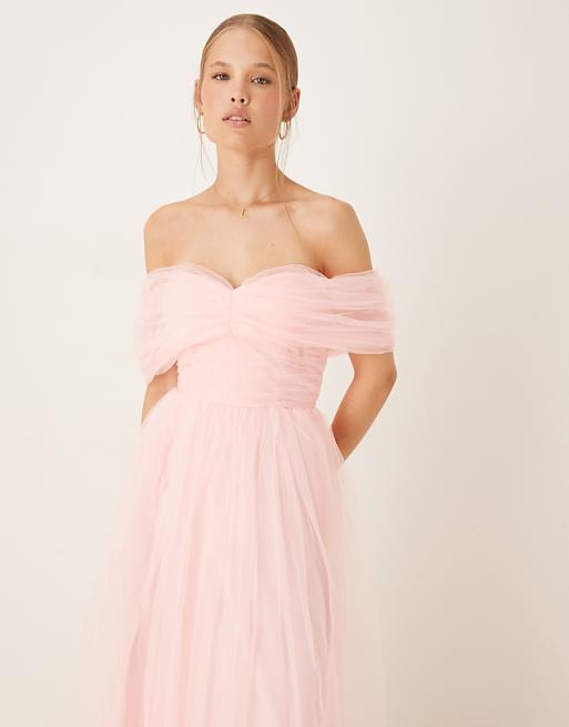 Asos Lace & Beads Bow Off Shoulder Tulle Maxi Dress In Baby Pink