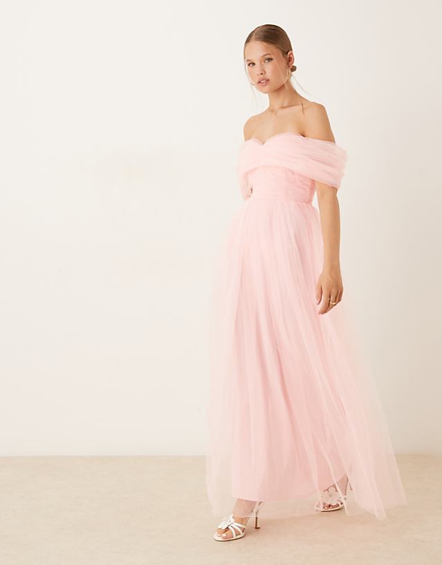 asos Lace & Beads bow off shoulder tulle maxi dress in baby pink