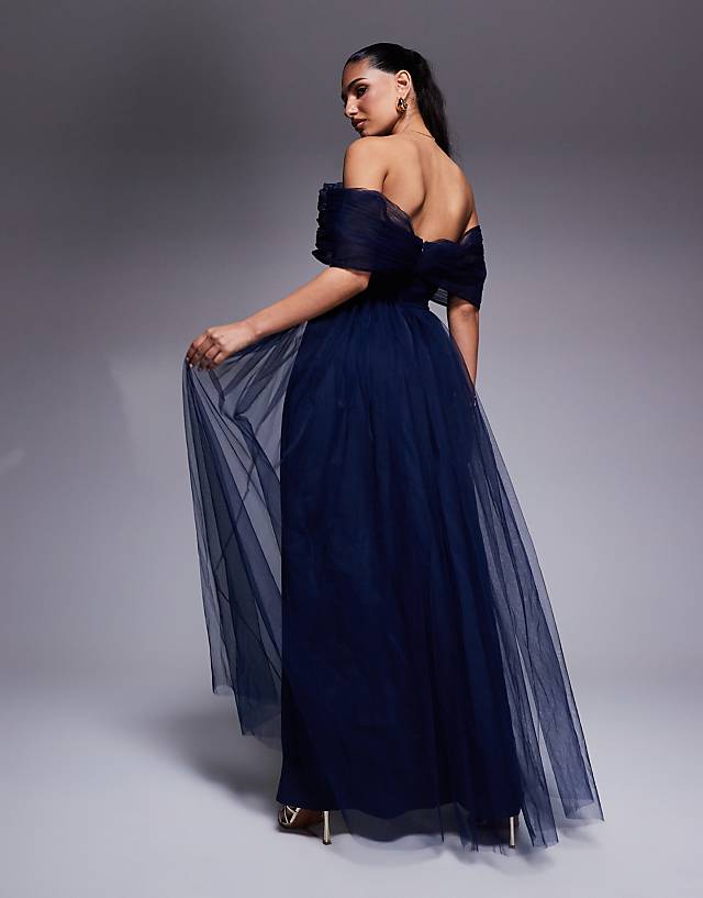 Asos Lace & Beads Bow Off Shoulder Tulle Maxi Dress In Navy