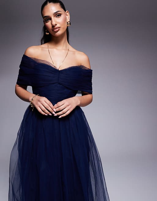 Asos Lace & Beads Bow Off Shoulder Tulle Maxi Dress In Navy