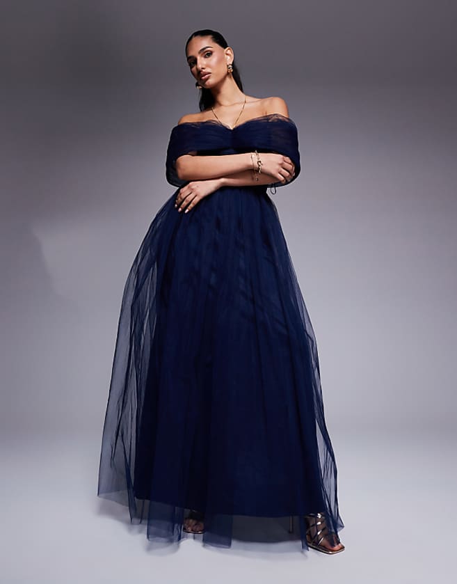 asos Lace & Beads bow off shoulder tulle maxi dress in navy
