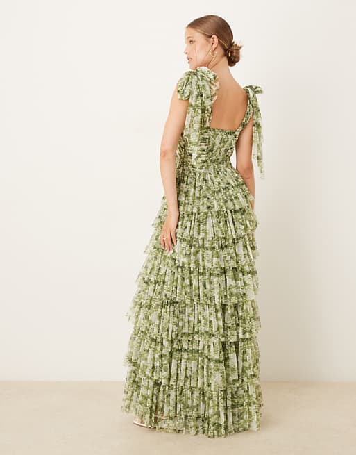 Asos Lace & Beads Bow Shoulder Ruffle Maxi Dress In Olive Floral