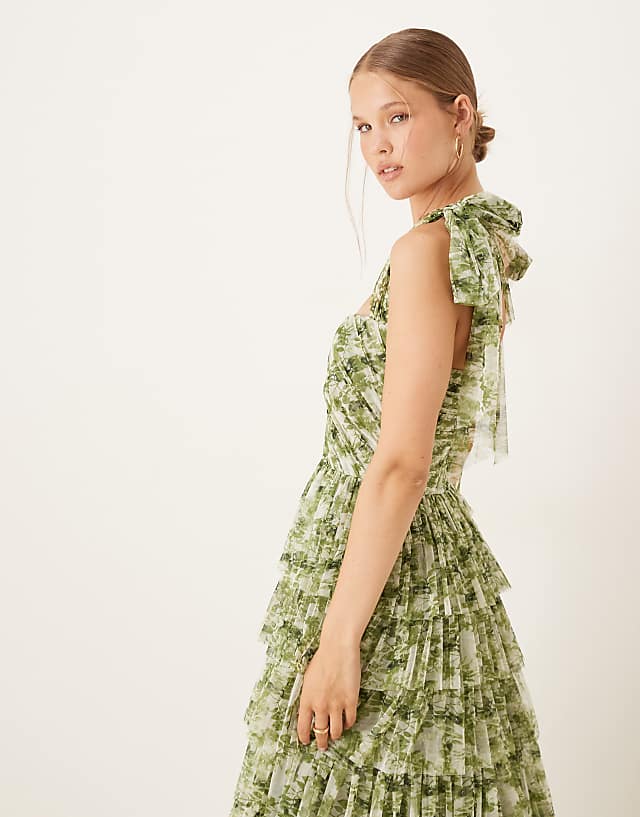 Asos Lace & Beads Bow Shoulder Ruffle Maxi Dress In Olive Floral