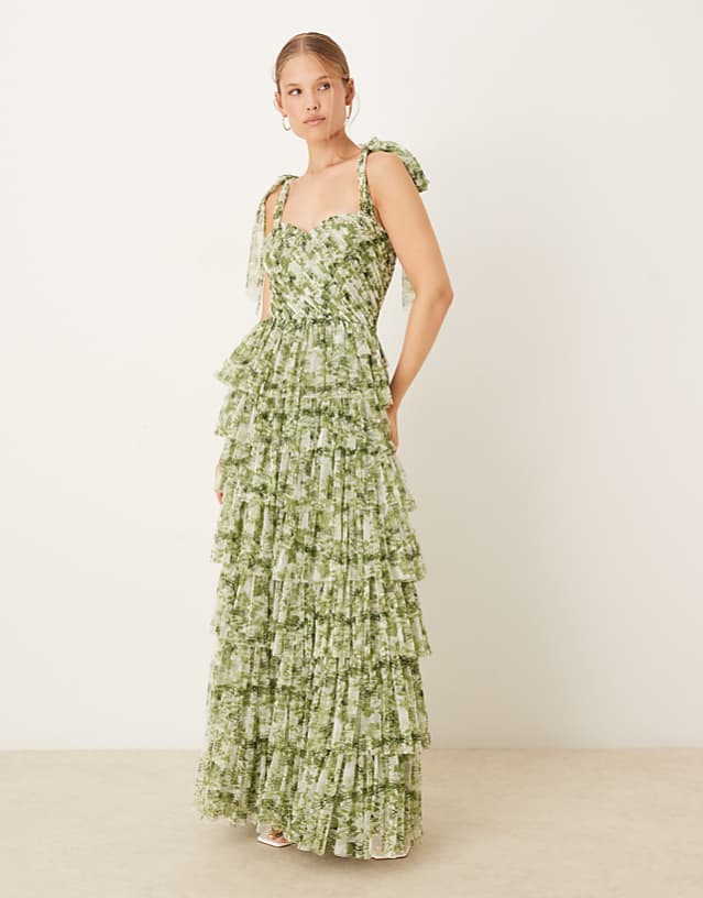asos Lace & Beads bow shoulder ruffle maxi dress in olive floral