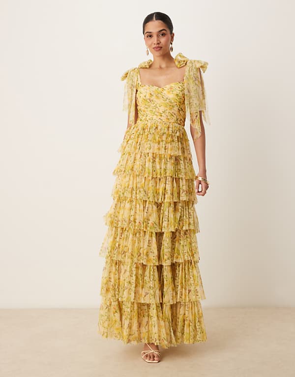 Asos Lace & Beads Bow Shoulder Tiered Tulle Maxi Dress In Yellow Floral