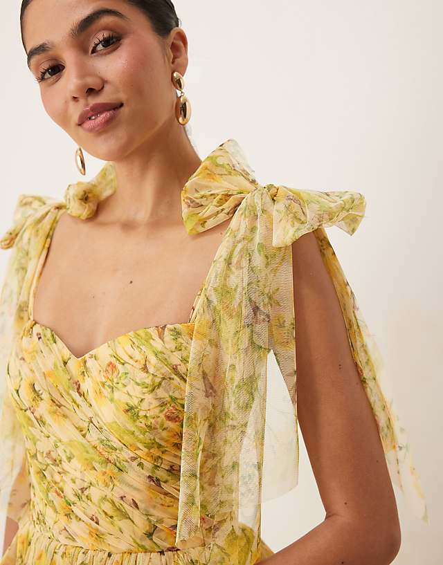 Asos Lace & Beads Bow Shoulder Tiered Tulle Maxi Dress In Yellow Floral