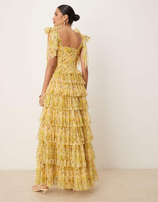 Asos Lace & Beads Bow Shoulder Tiered Tulle Maxi Dress In Yellow Floral
